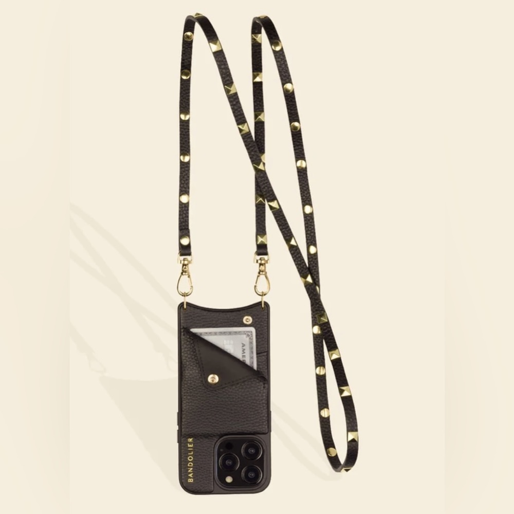 Bandolier- Pebble Leather Crossbody Bandolier in Black/Gold - iPhone 12 Pro Max